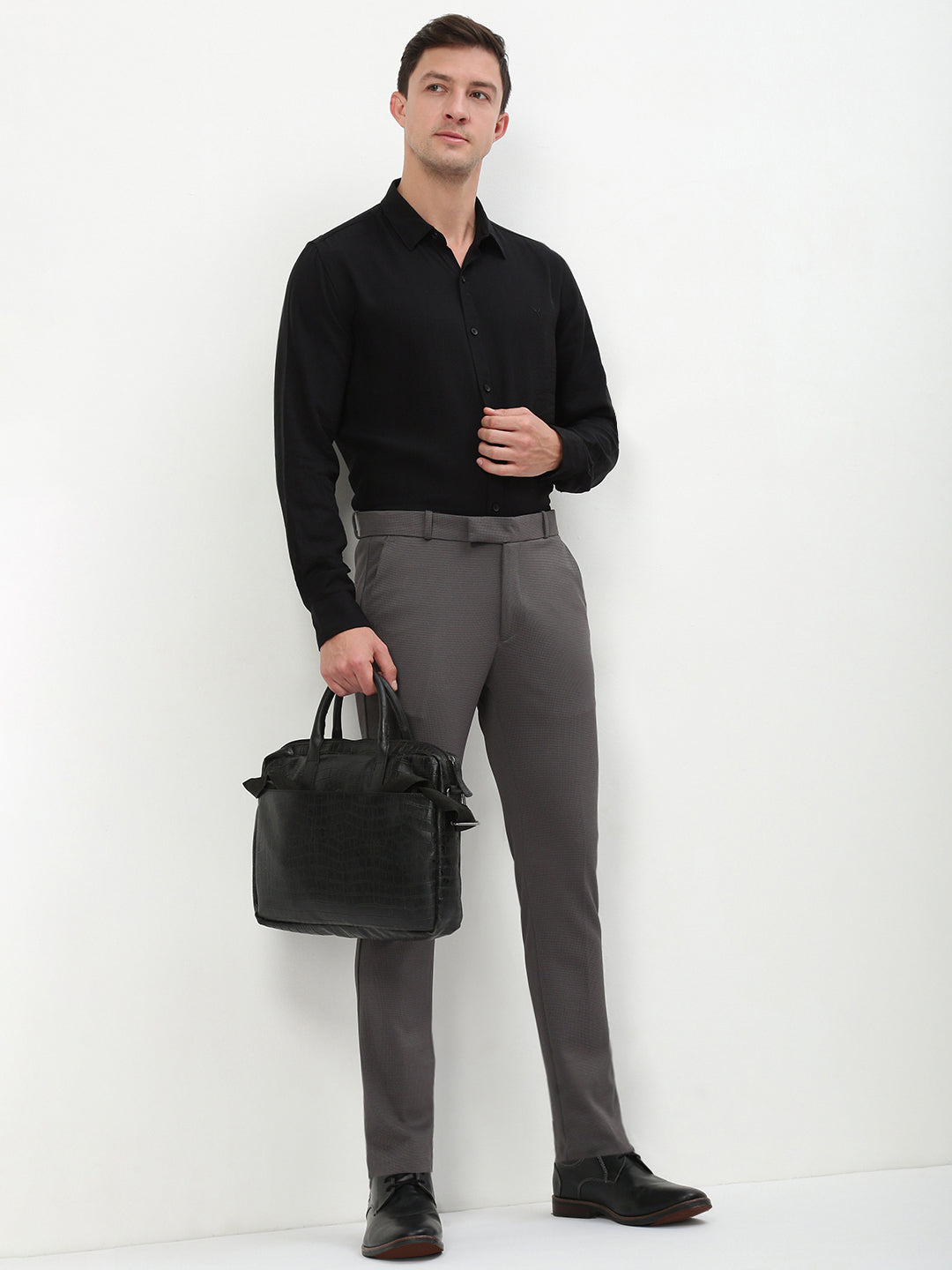 Men Charcoal Solid Formal Trousers