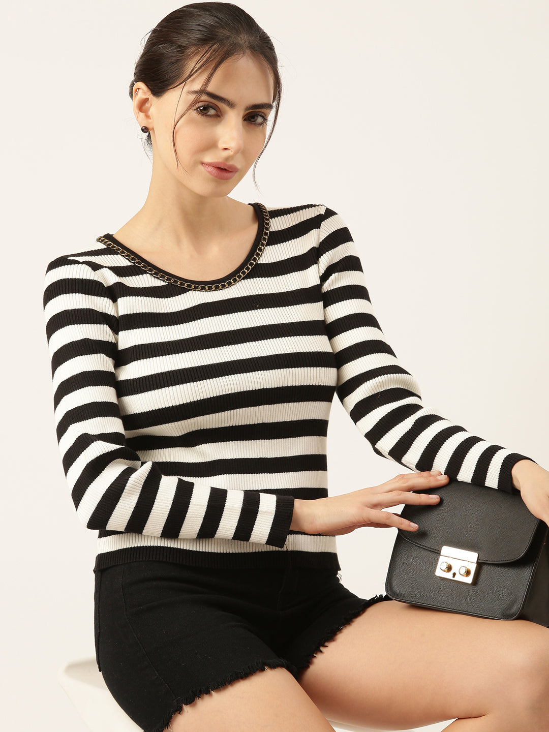 Women Striped Black Fitted Top