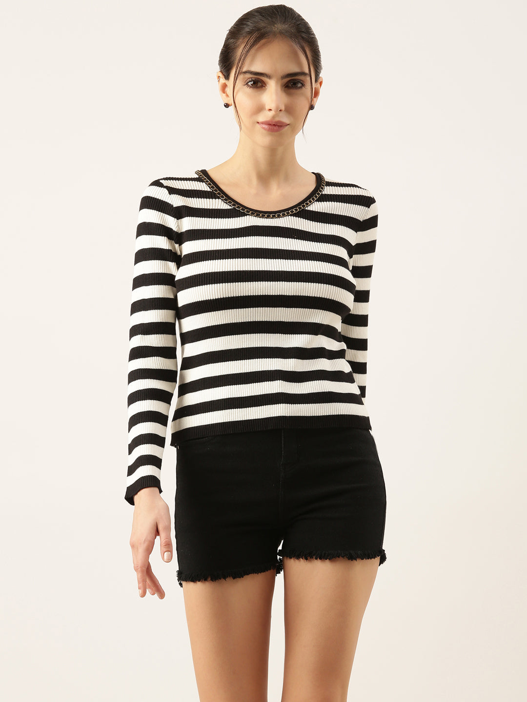 Women Striped Black Fitted Top