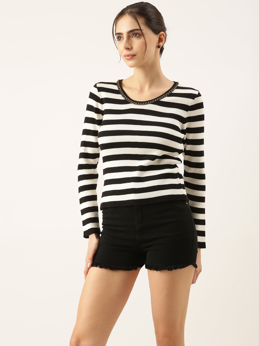 Women Striped Black Fitted Top