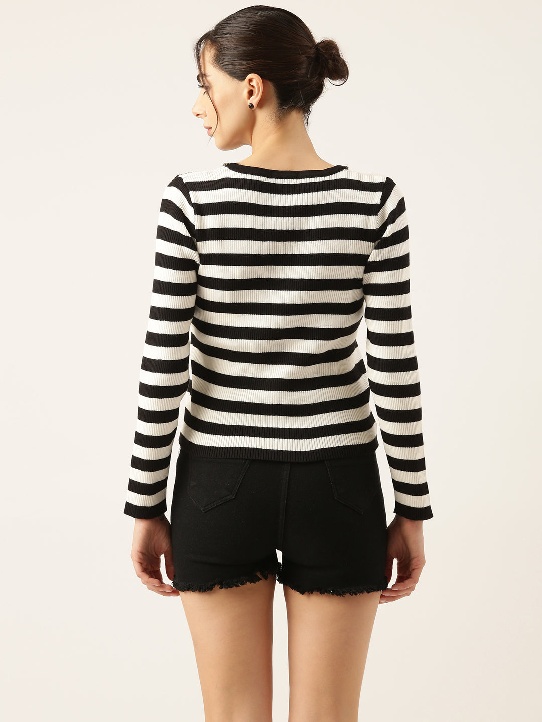 Women Striped Black Fitted Top