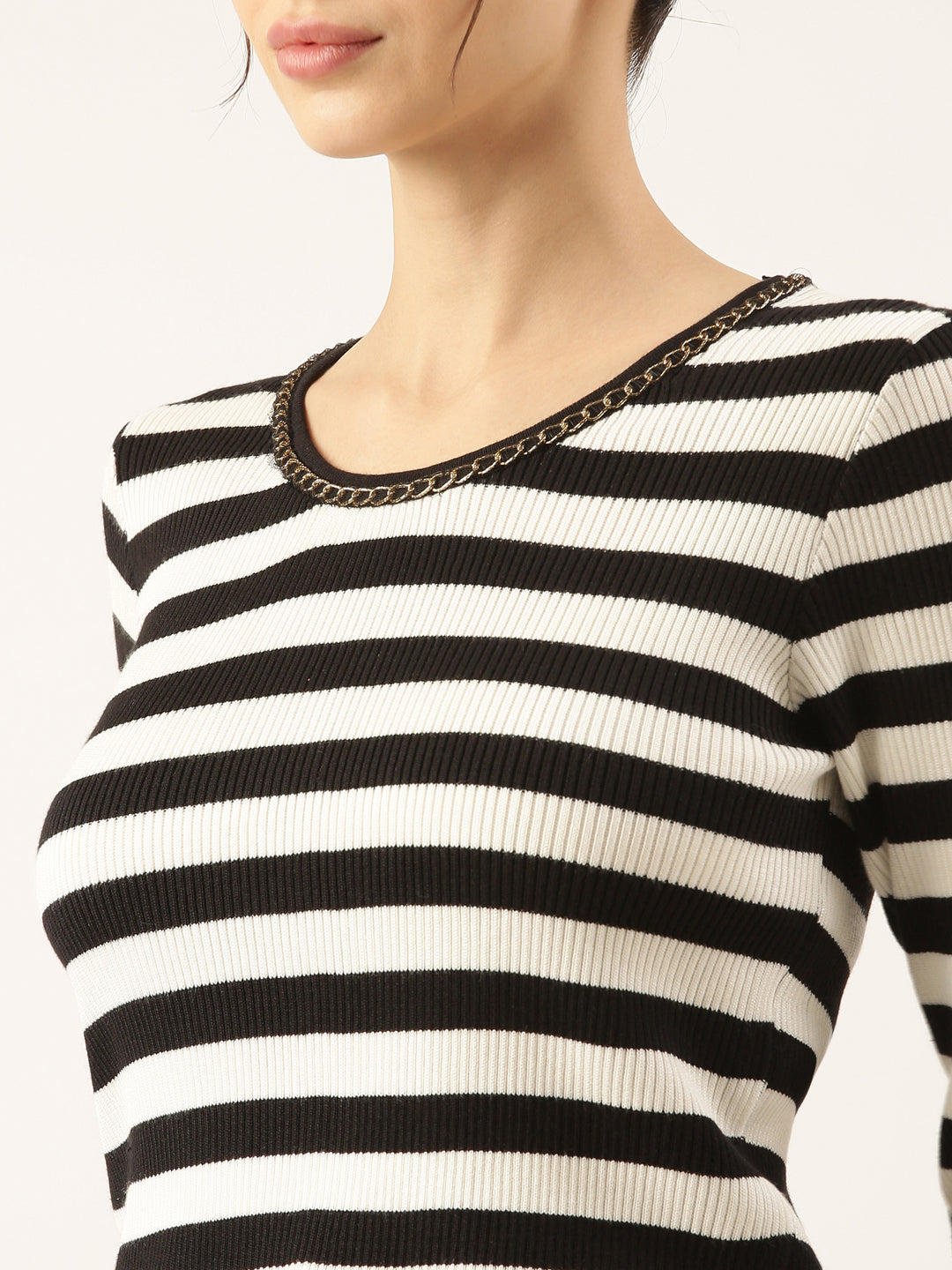 Women Striped Black Fitted Top