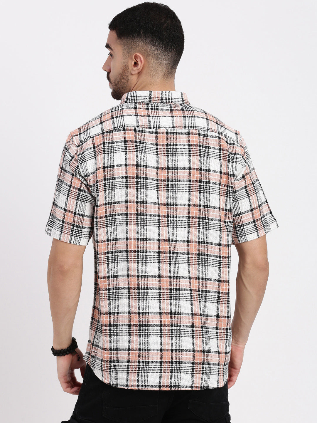 Men Peach Checked Slim Fit Shirt