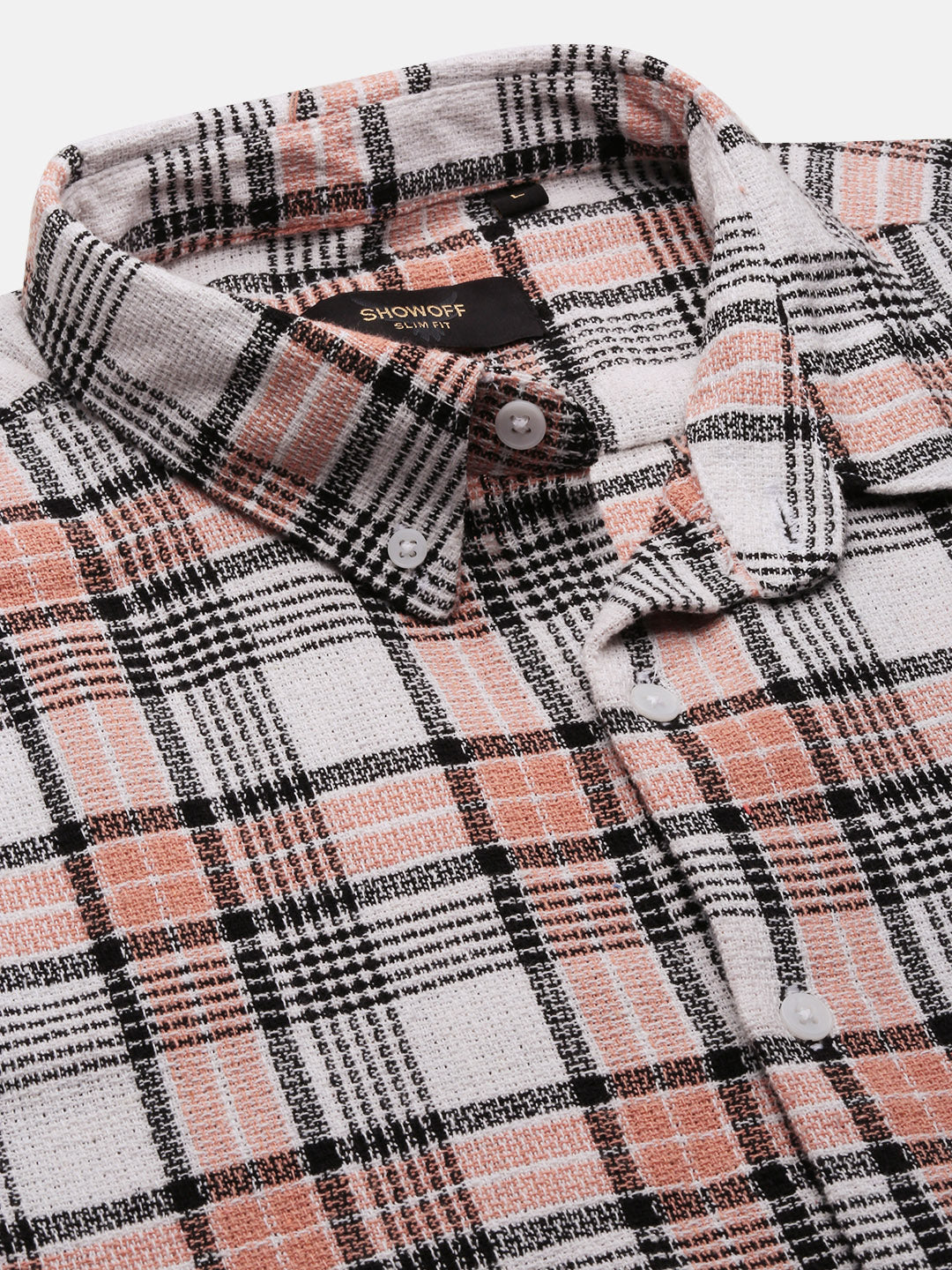 Men Peach Checked Slim Fit Shirt