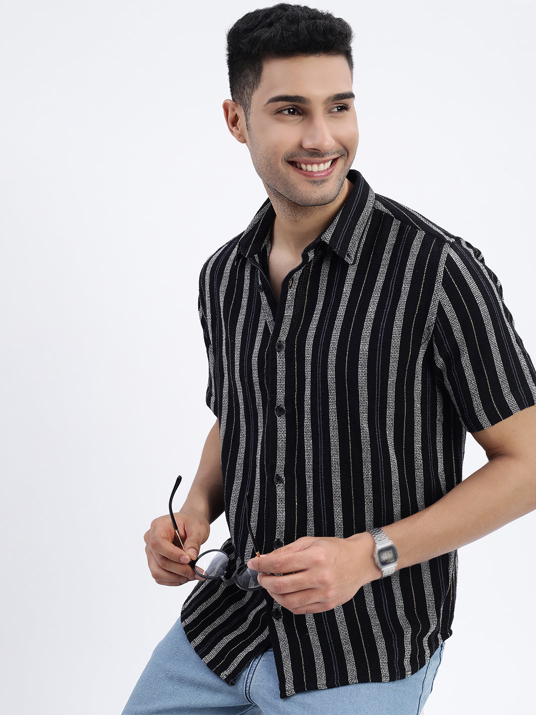 Men Black Striped Slim Fit Shirt