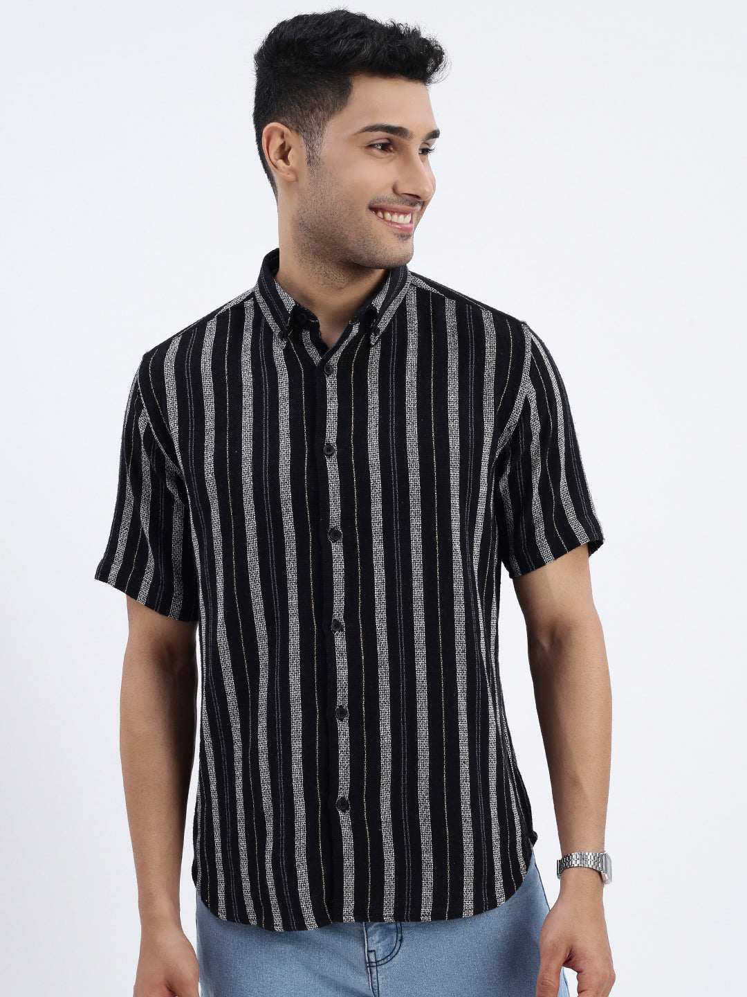 Men Black Striped Slim Fit Shirt