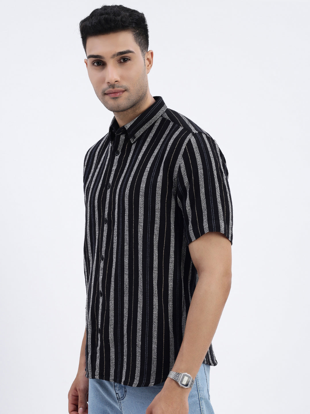 Men Black Striped Slim Fit Shirt