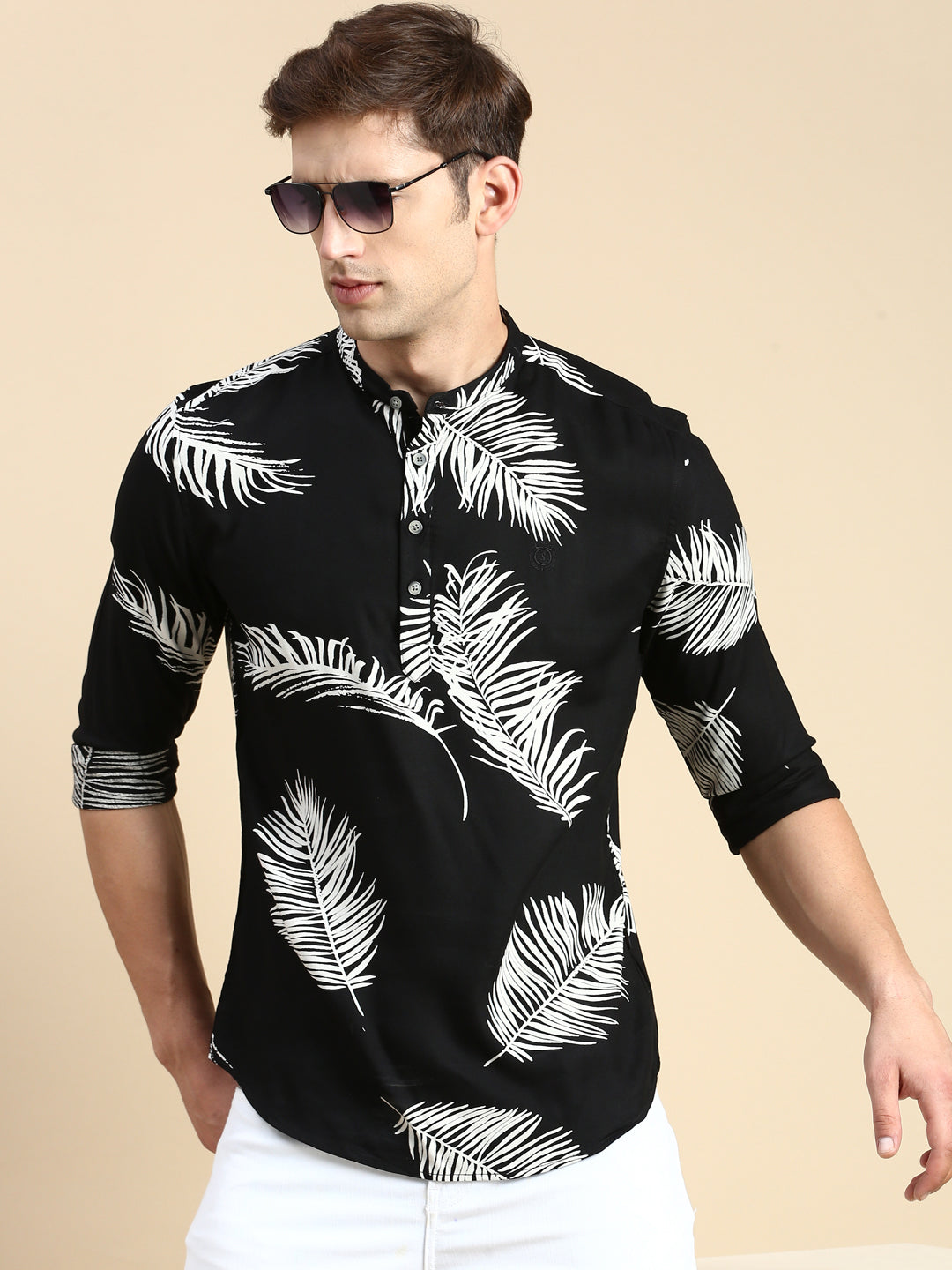 Men Mandarin Collar Printed Black Straight Kurta