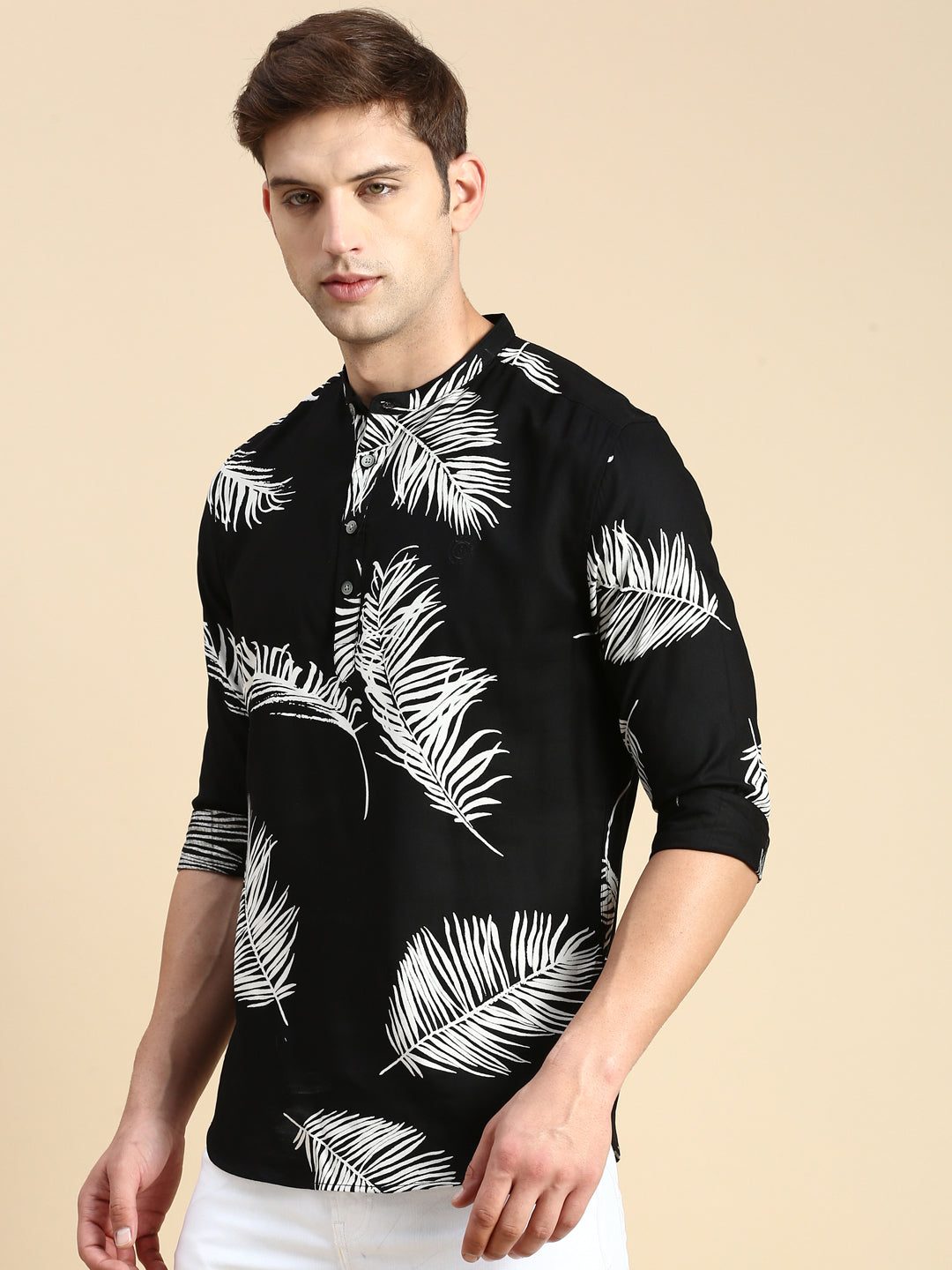 Men Mandarin Collar Printed Black Straight Kurta