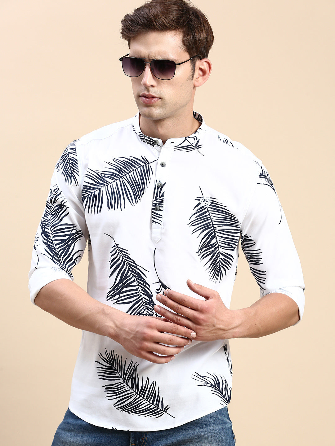 Men Mandarin Collar Printed White Straight Kurta