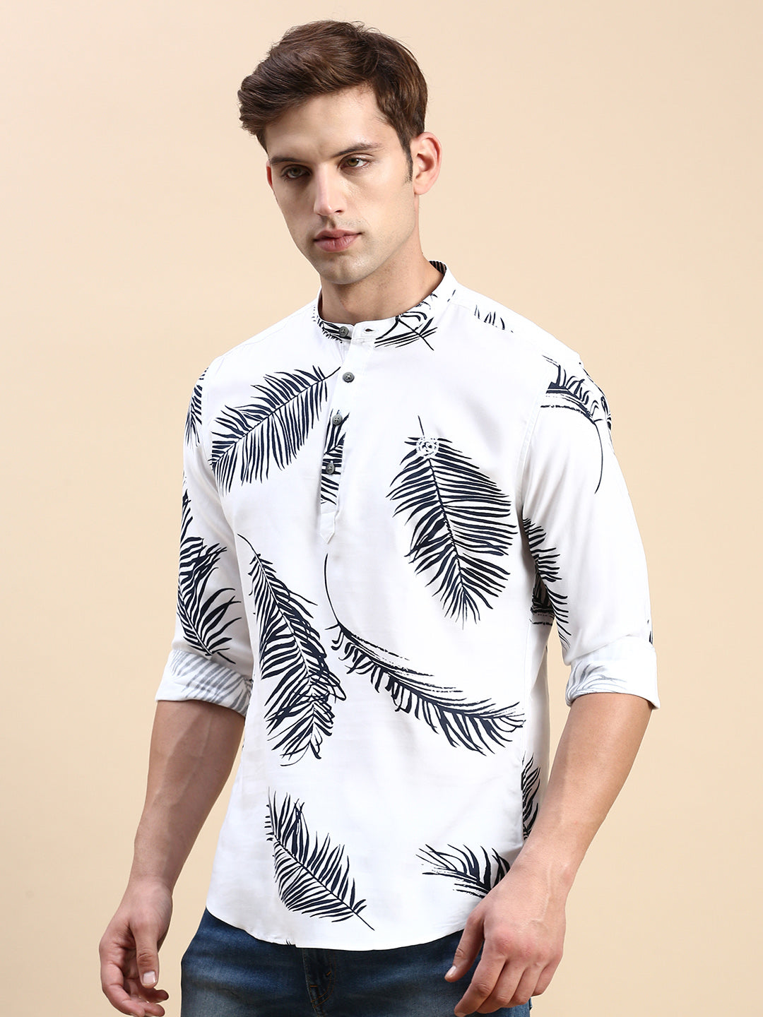 Men Mandarin Collar Printed White Straight Kurta