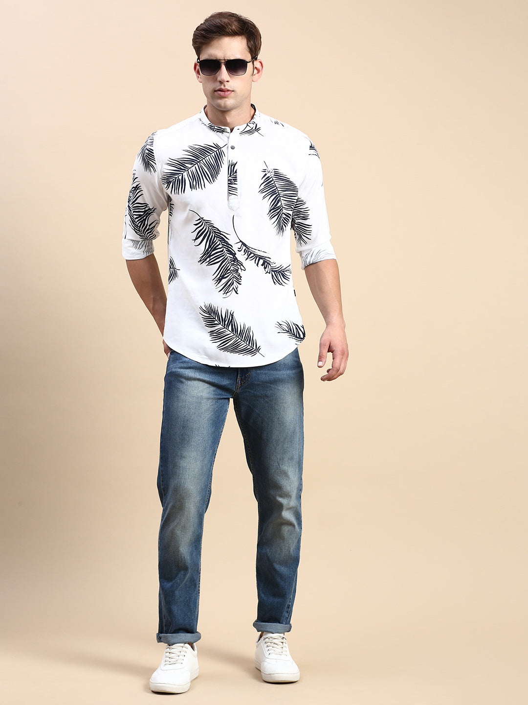 Men Mandarin Collar Printed White Straight Kurta