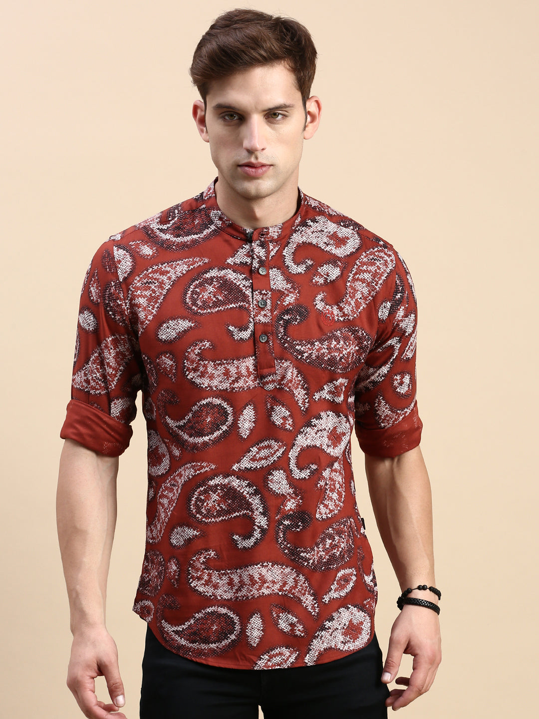 Men Mandarin Collar Printed Brown Straight Kurta