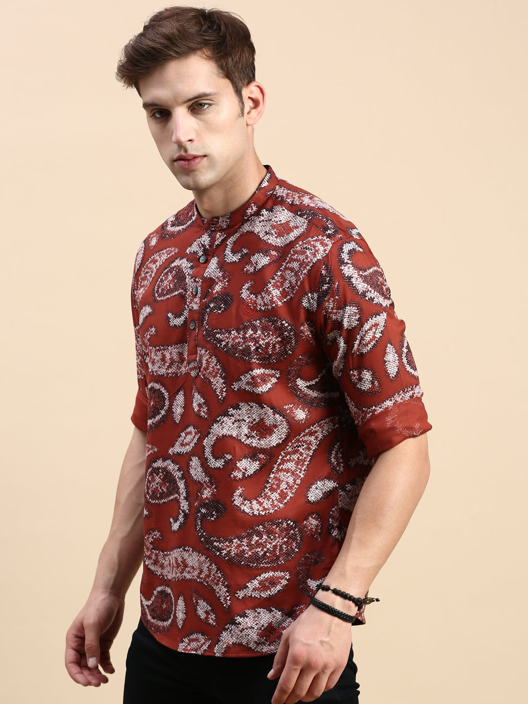 Men Mandarin Collar Printed Brown Straight Kurta