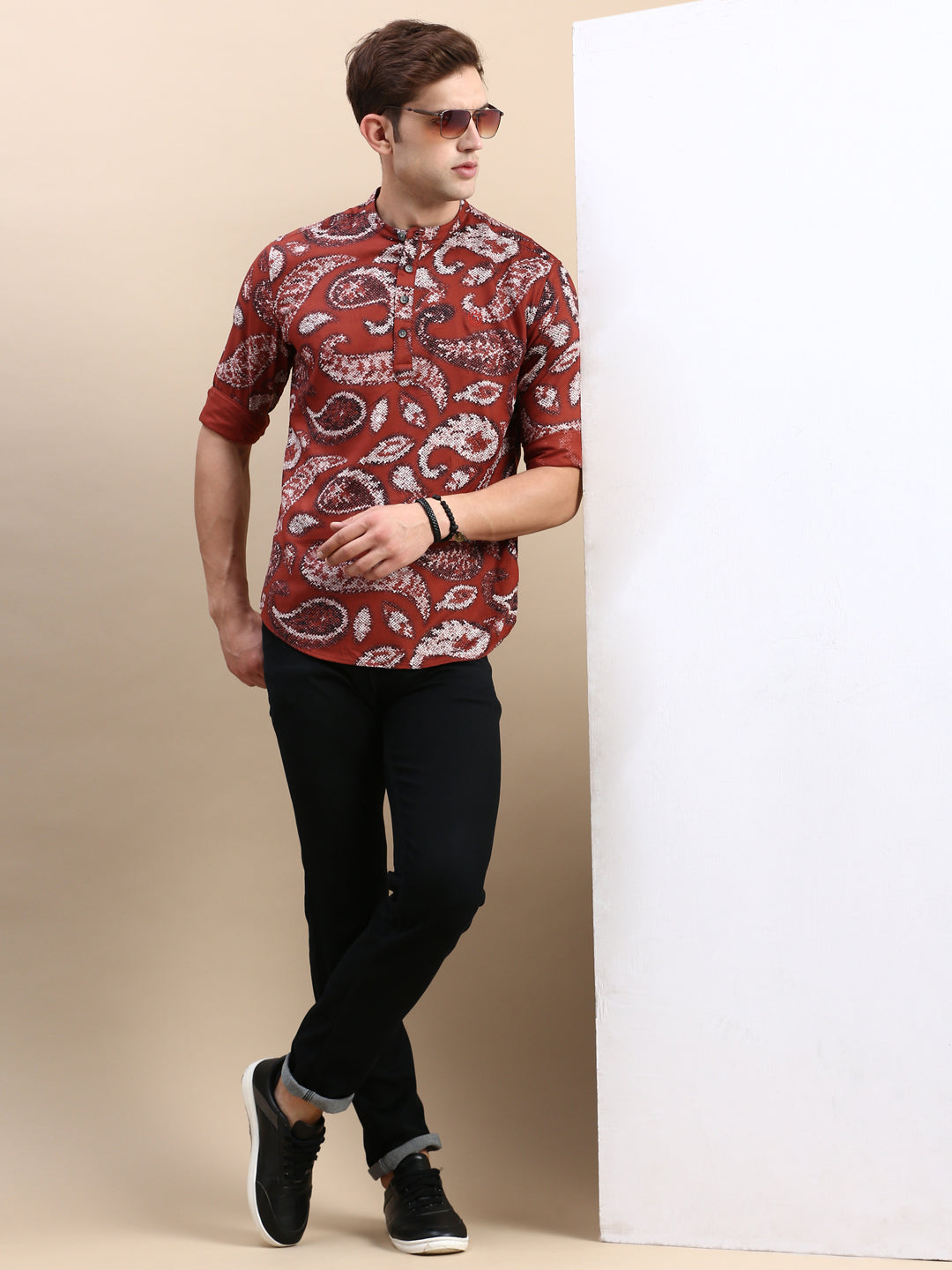 Men Mandarin Collar Printed Brown Straight Kurta