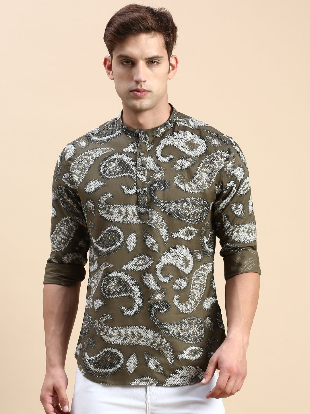 Men Mandarin Collar Printed Olive Straight Kurta