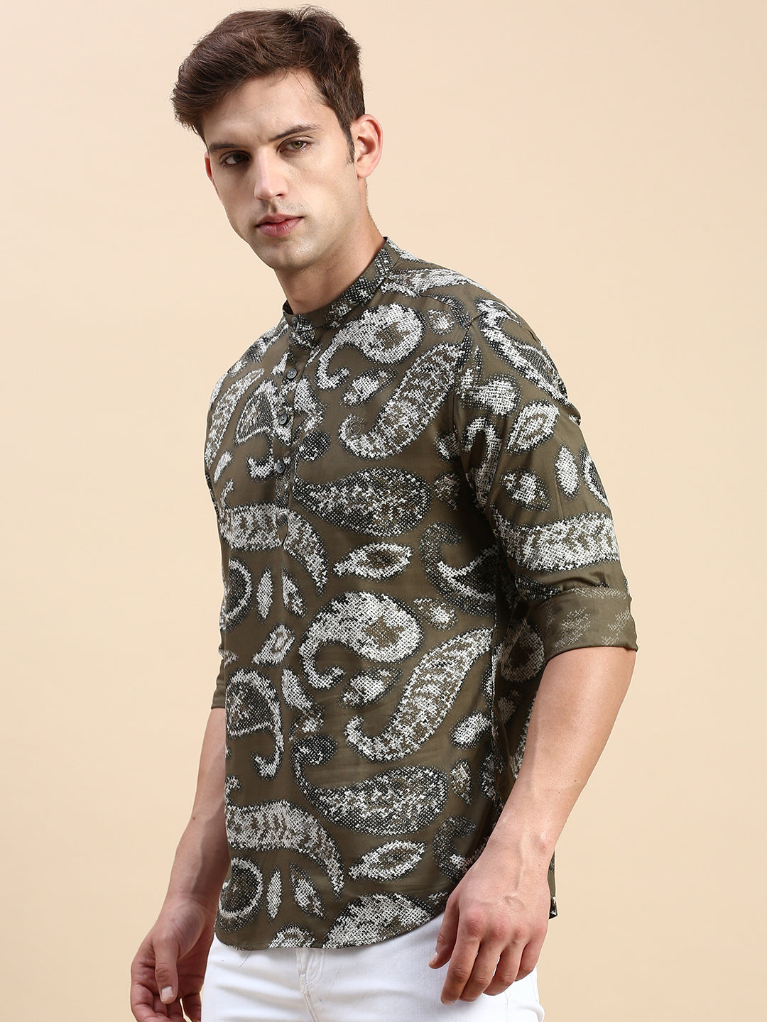 Men Mandarin Collar Printed Olive Straight Kurta