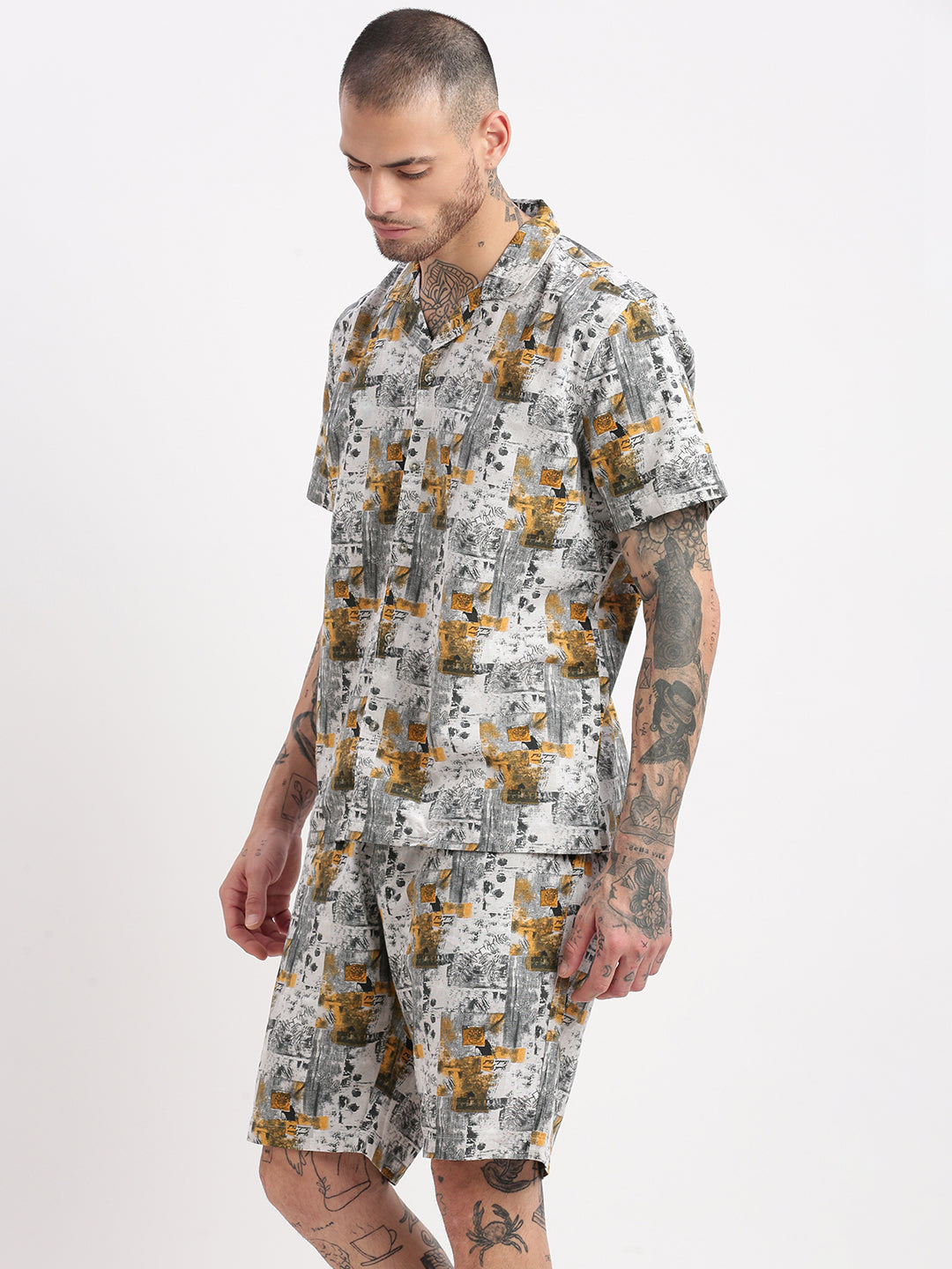 Men Tropical Cuban Collar Grey Co-Ords Set