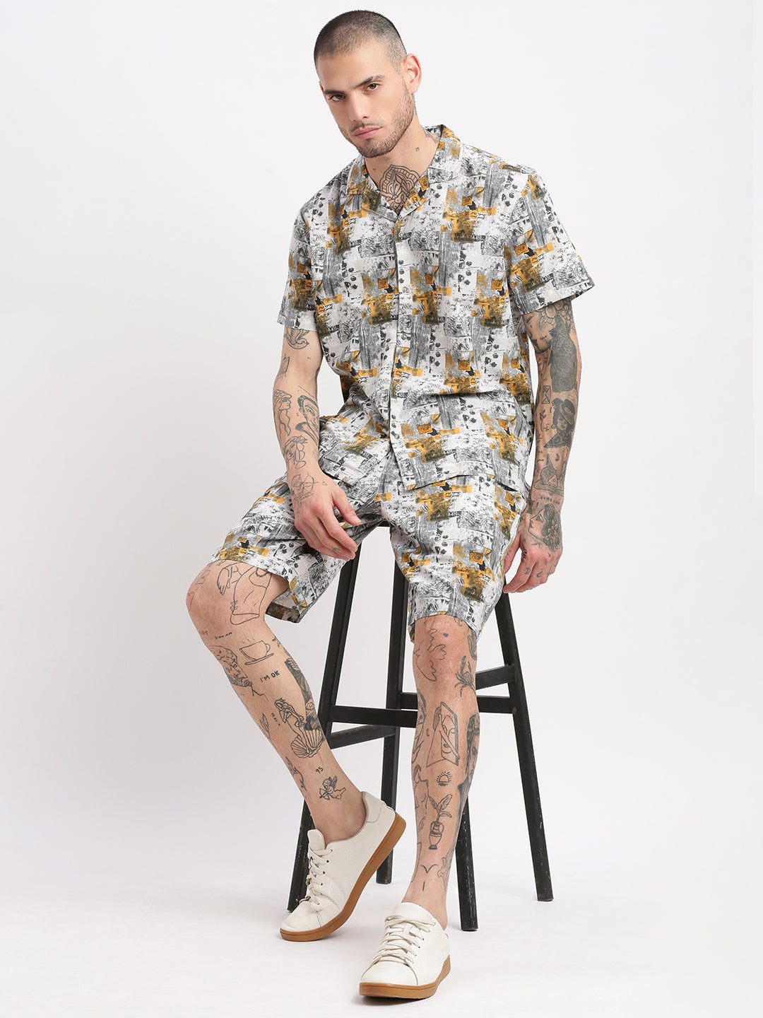 Men Tropical Cuban Collar Grey Co-Ords Set