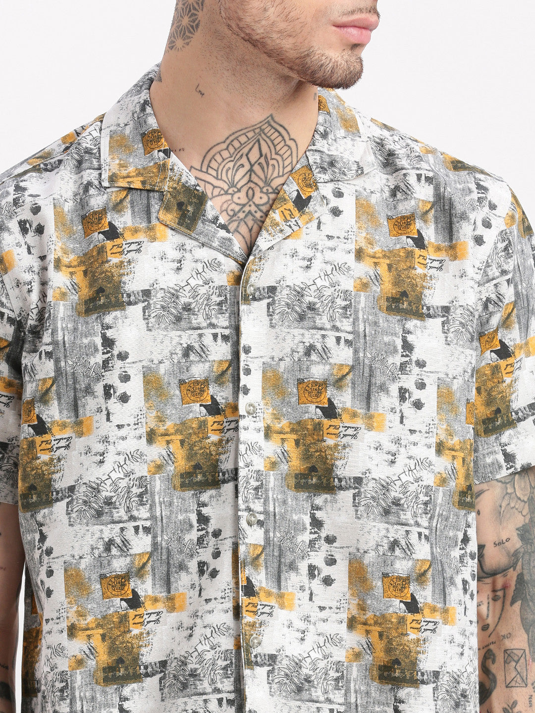 Men Tropical Cuban Collar Grey Co-Ords Set