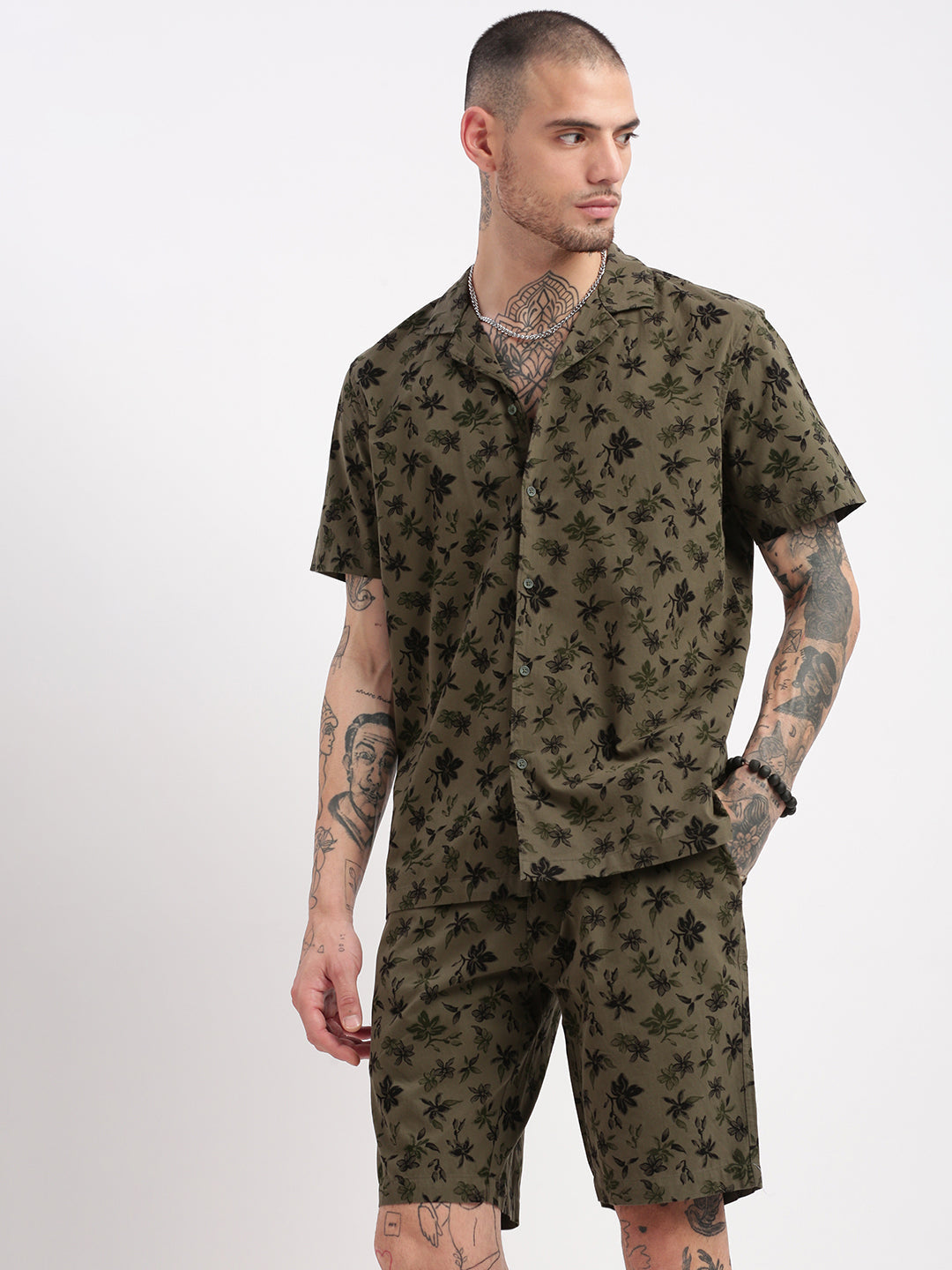 Men Floral Cuban Collar Olive Co-Ords Set