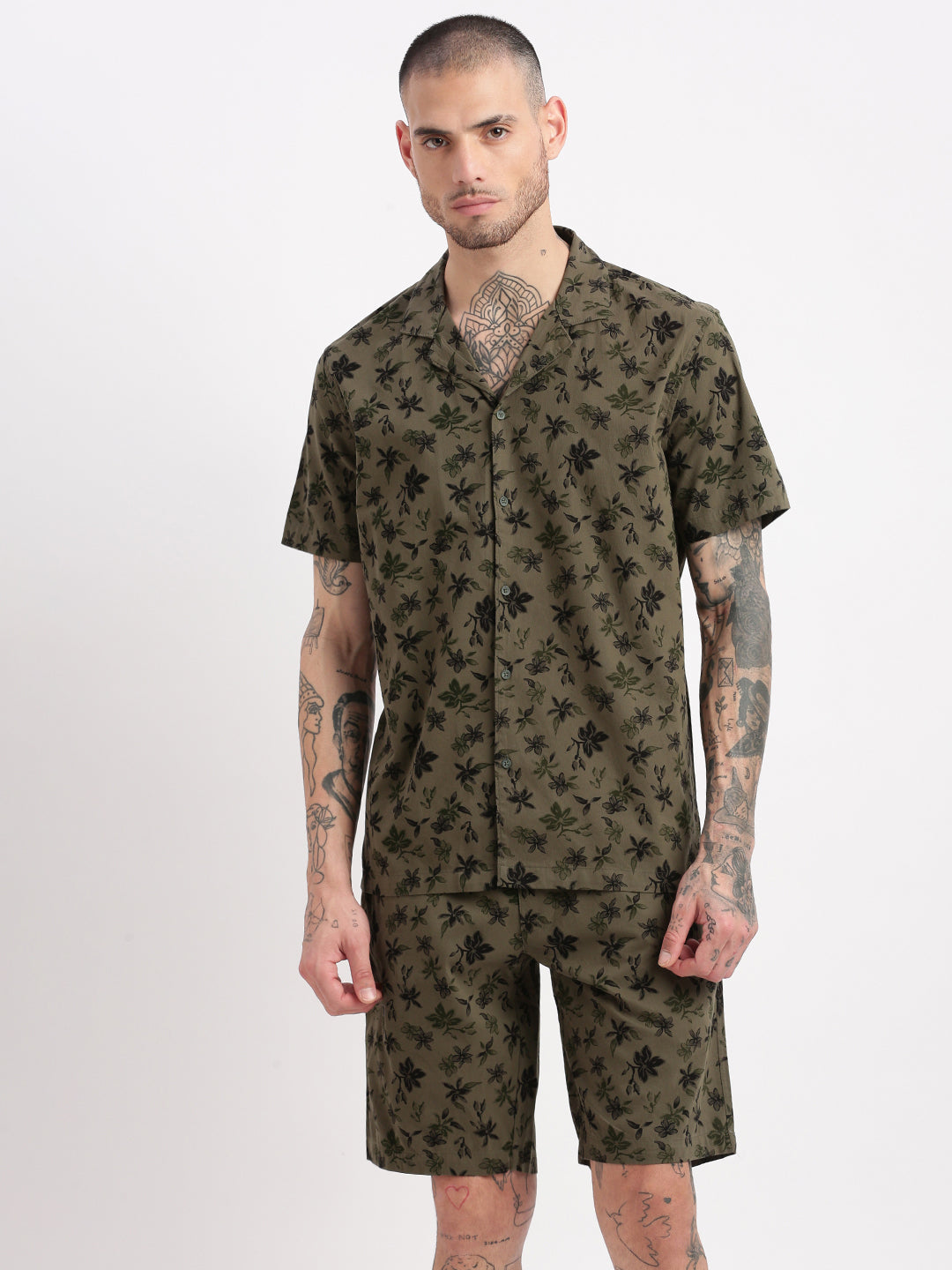 Men Floral Cuban Collar Olive Co-Ords Set