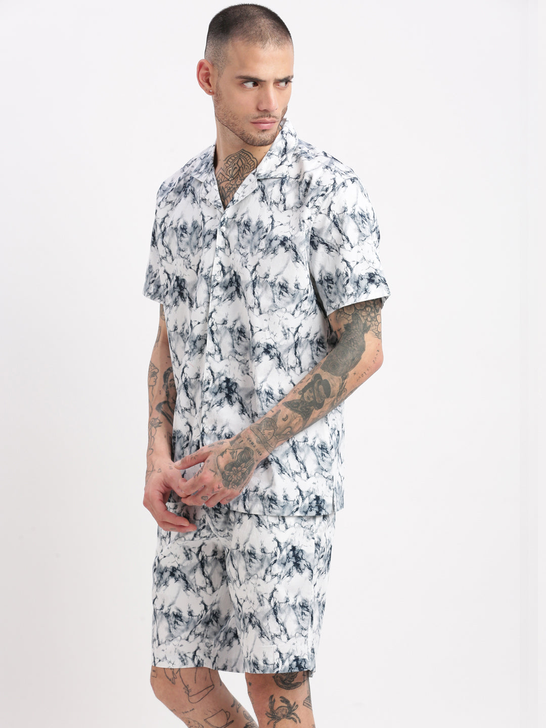 Men Abstract Cuban Collar White Co-Ords Set