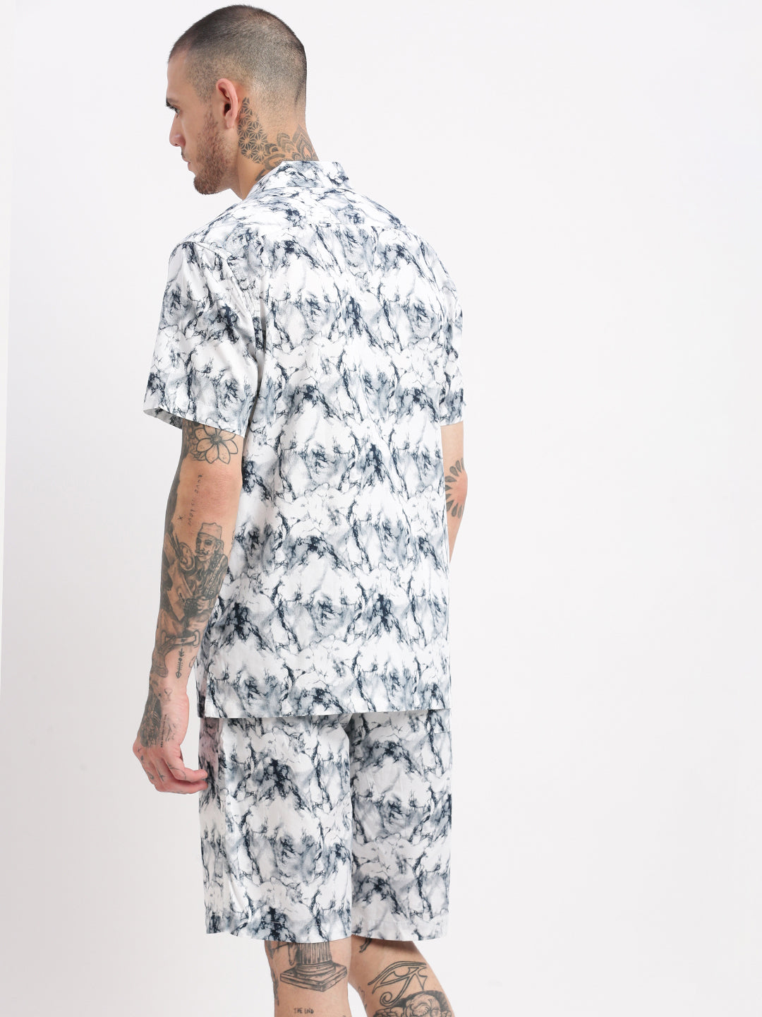 Men Abstract Cuban Collar White Co-Ords Set