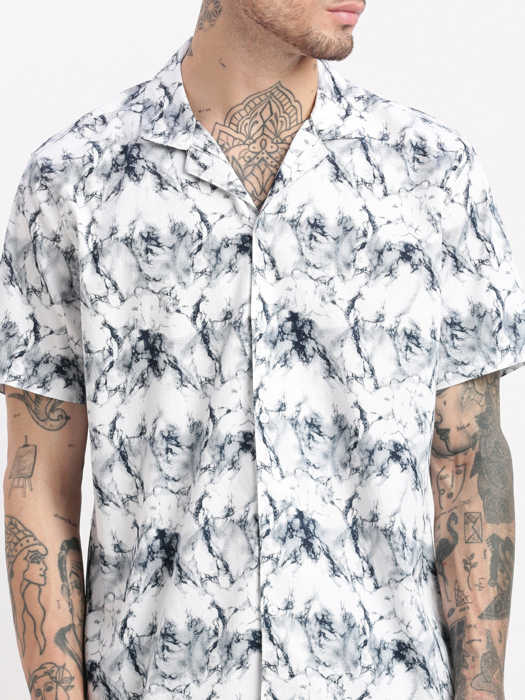 Men Abstract Cuban Collar White Co-Ords Set