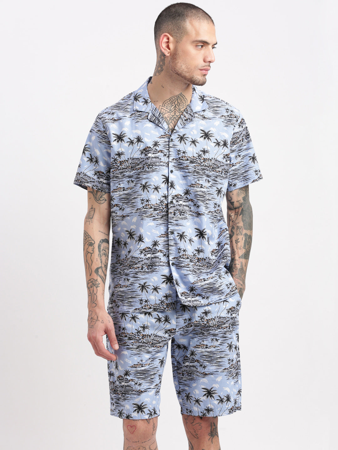 Men Tropical Cuban Collar Blue Co-Ords Set