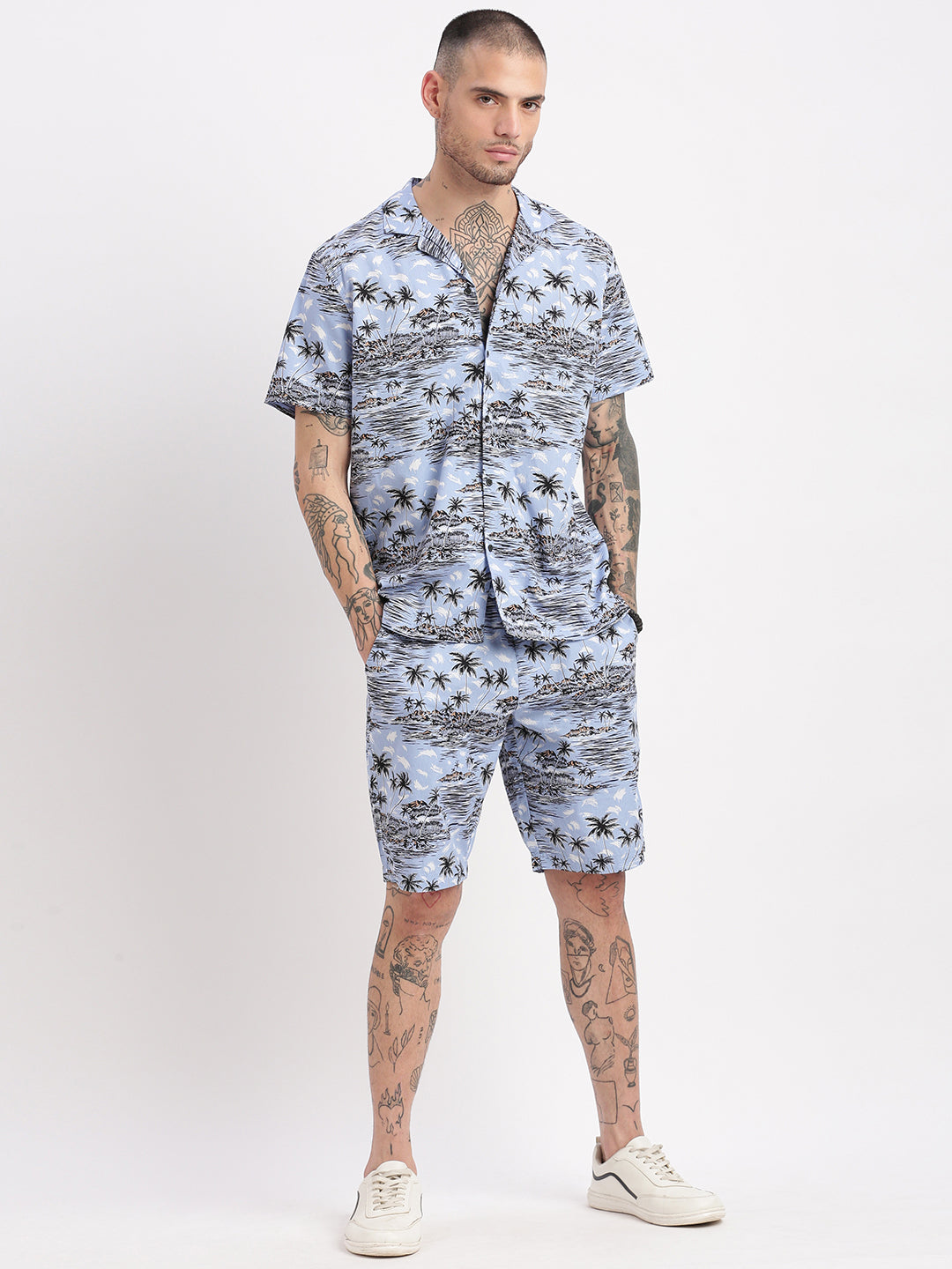 Men Tropical Cuban Collar Blue Co-Ords Set