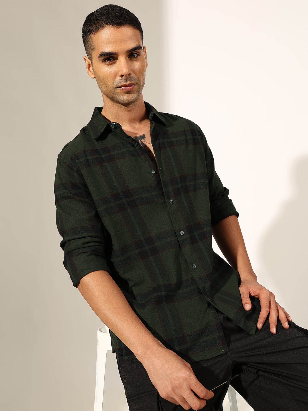 Men's Checked Green Regular Fit Casual Shirt