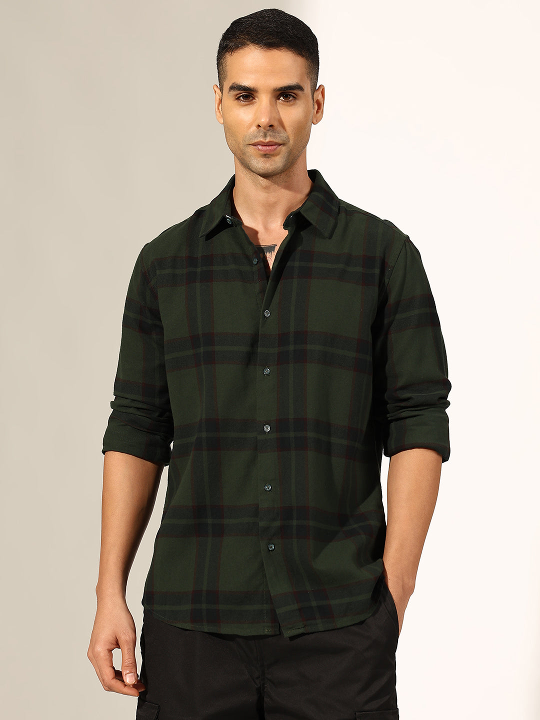 Men's Checked Green Regular Fit Casual Shirt