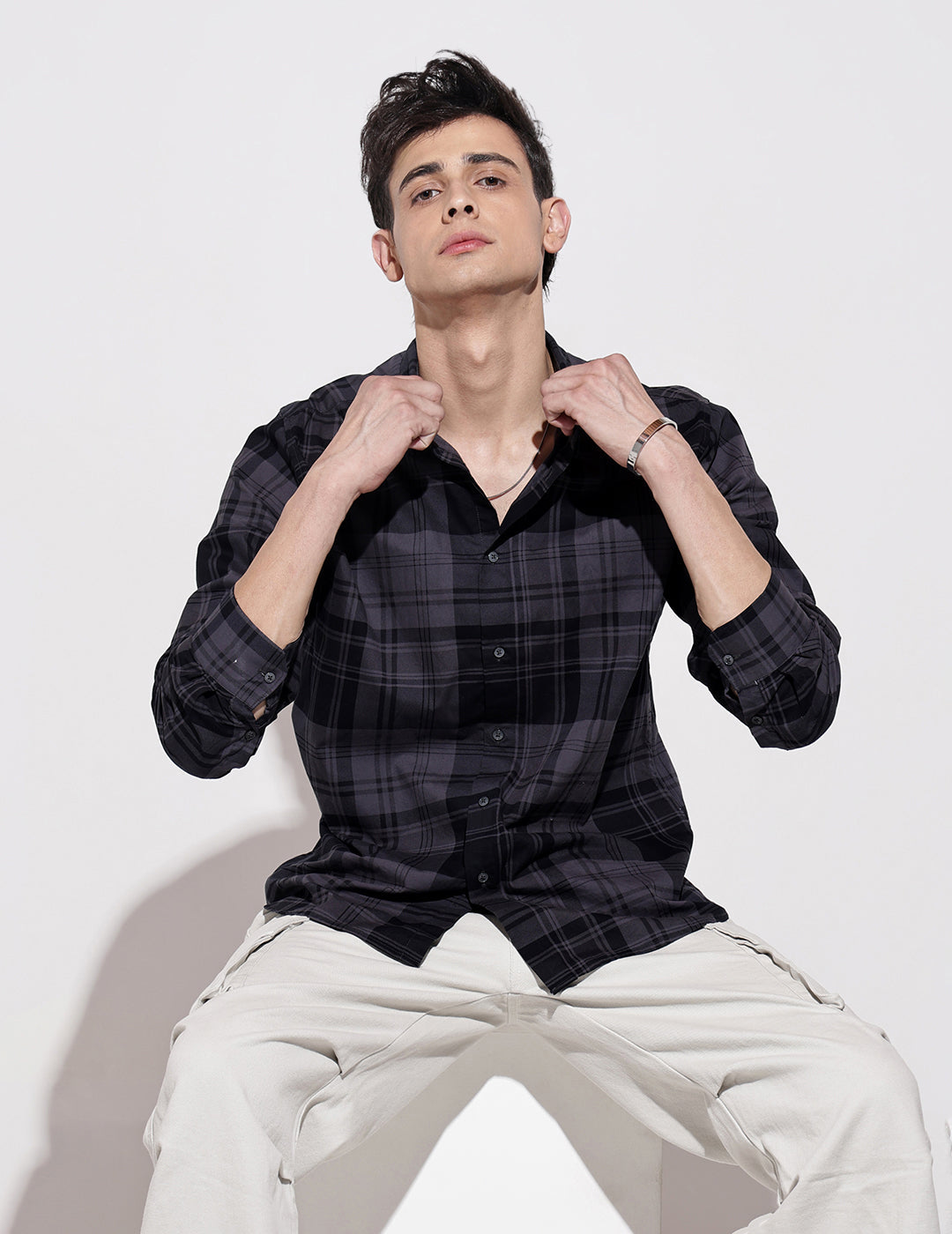 Men's Checked Navy Blue Long Sleeve Regular Fit Shirt