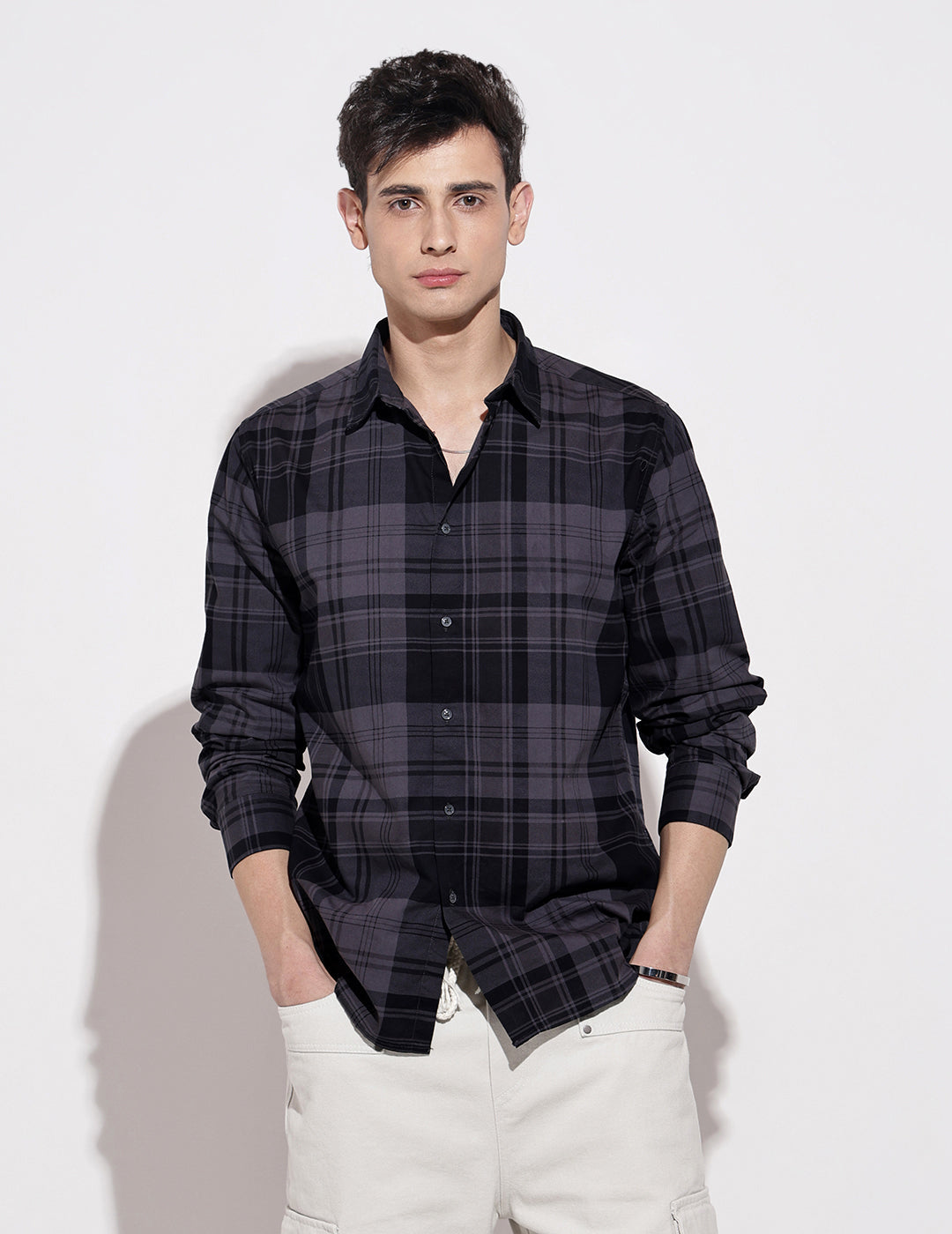 Men's Checked Navy Blue Long Sleeve Regular Fit Shirt