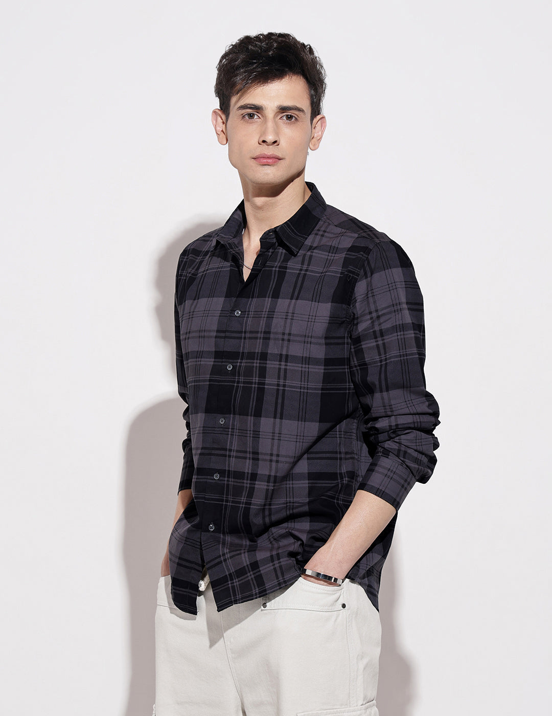 Men's Checked Navy Blue Long Sleeve Regular Fit Shirt