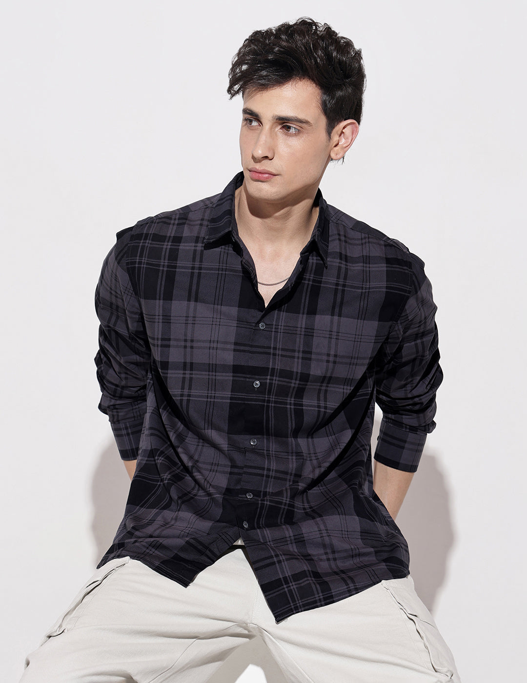 Men's Checked Navy Blue Long Sleeve Regular Fit Shirt