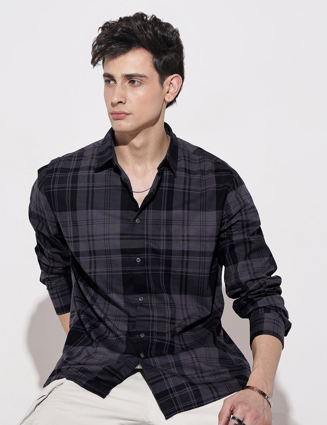 Men's Checked Navy Blue Long Sleeve Regular Fit Shirt