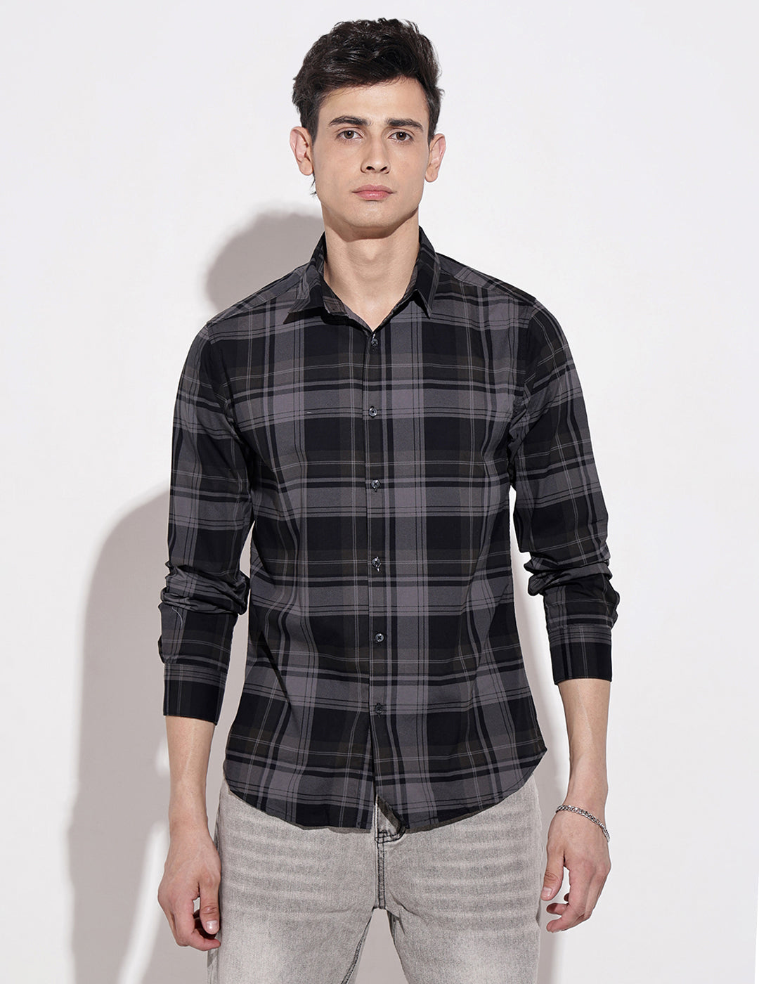 Men's Checked Black Button Down Regular Fit Shirt