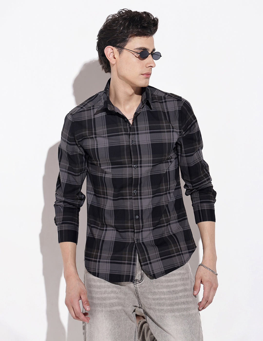 Men's Checked Black Button Down Regular Fit Shirt