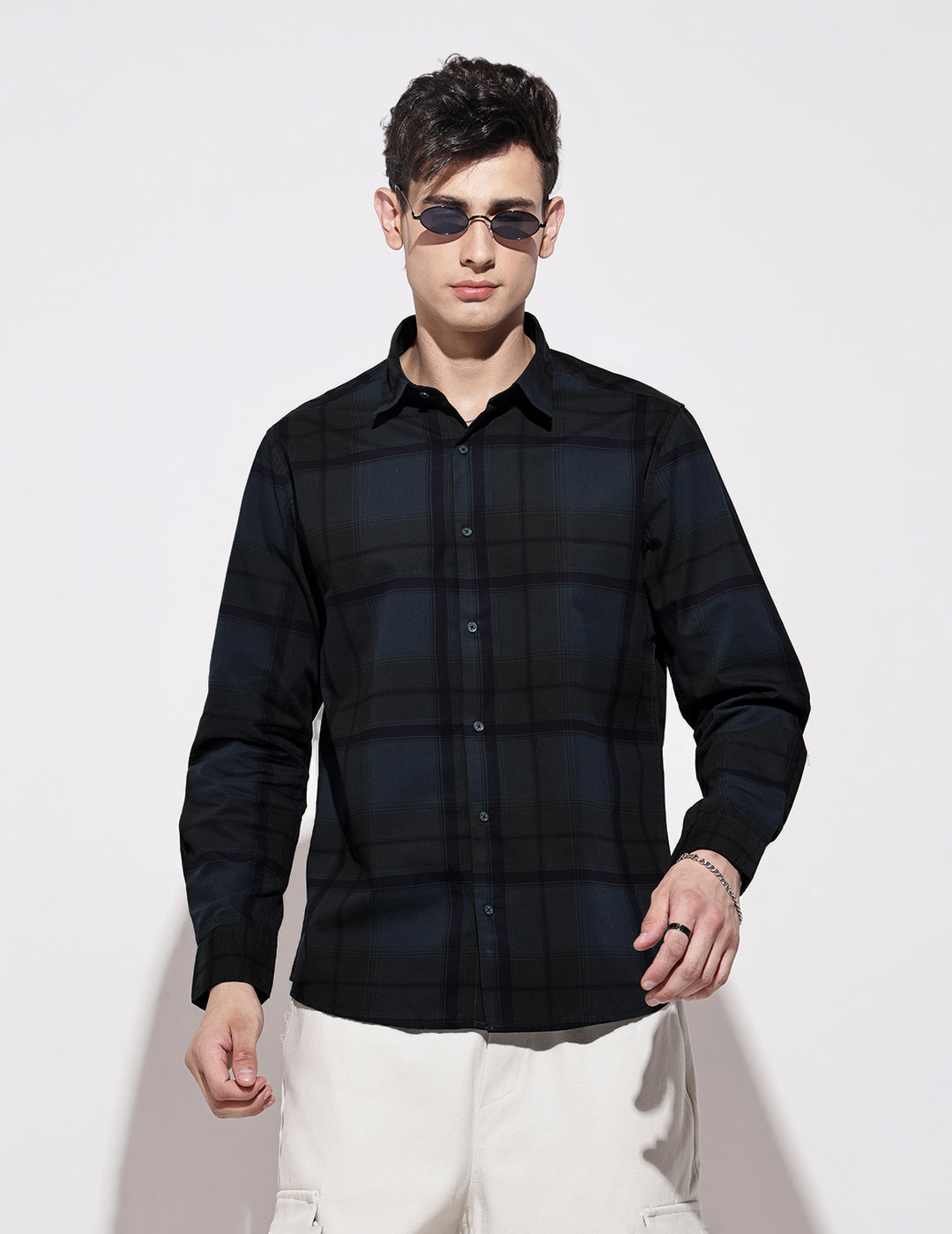 Men's Checked Navy Blue Long Sleeve Regular Fit Shirt