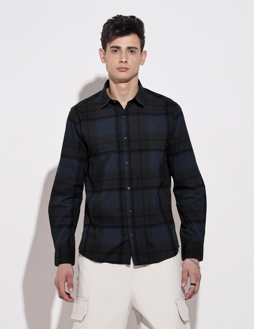 Men's Checked Navy Blue Long Sleeve Regular Fit Shirt