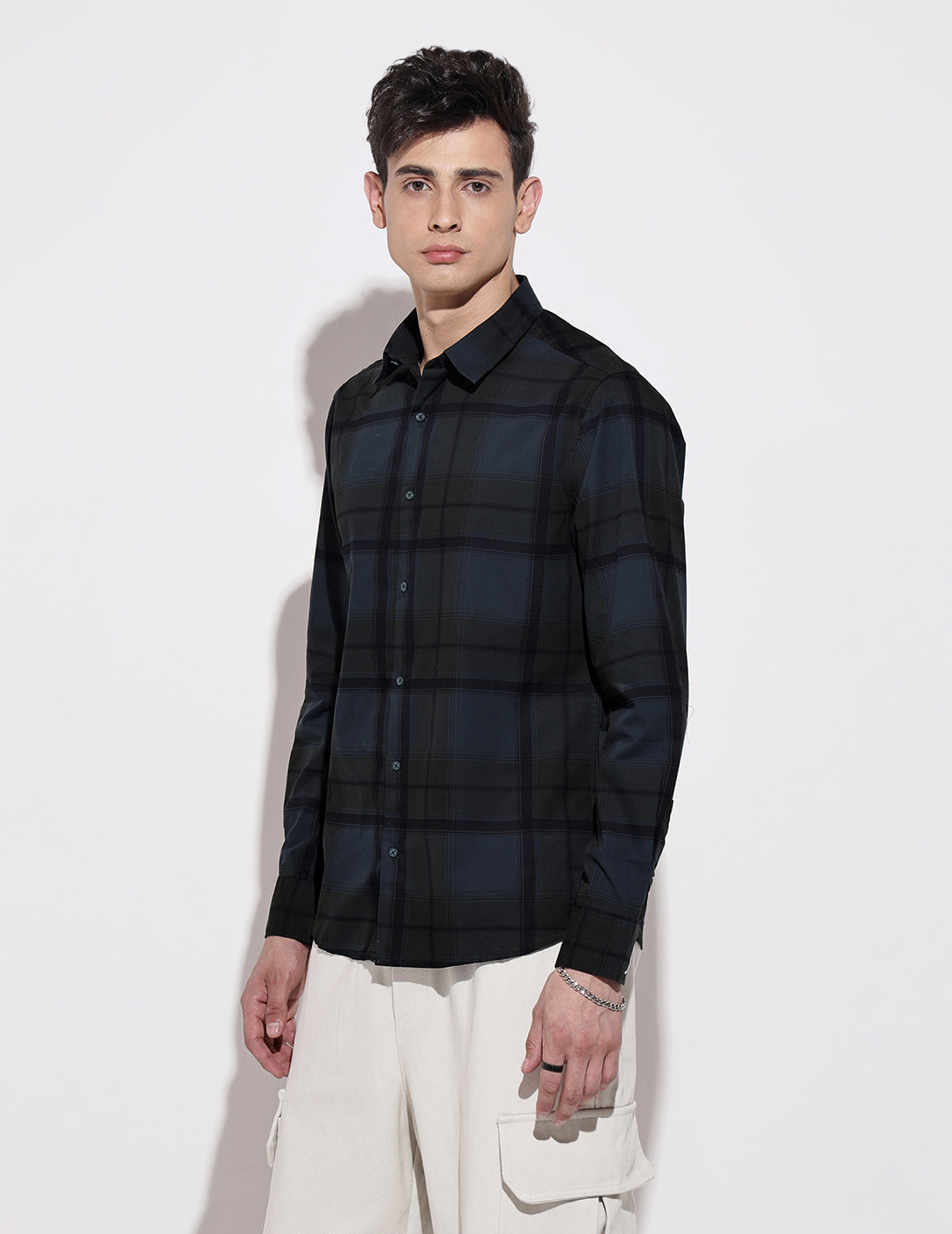 Men's Checked Navy Blue Long Sleeve Regular Fit Shirt