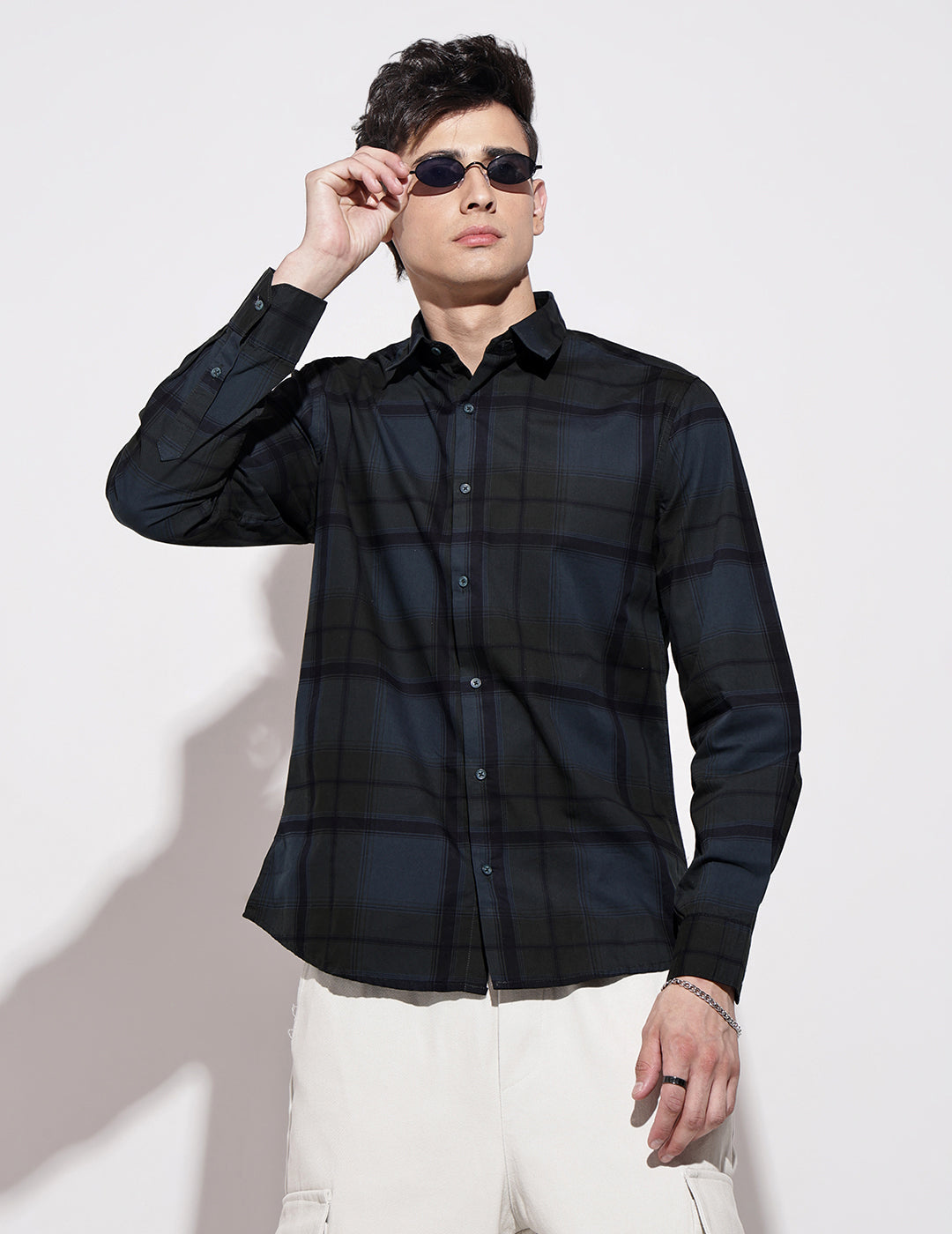Men's Checked Navy Blue Long Sleeve Regular Fit Shirt