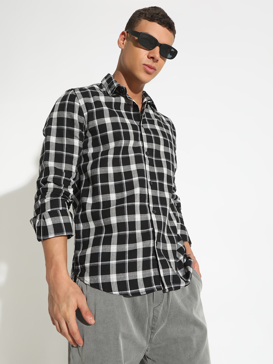 Men's Checked Black Button Down Regular Fit Shirt