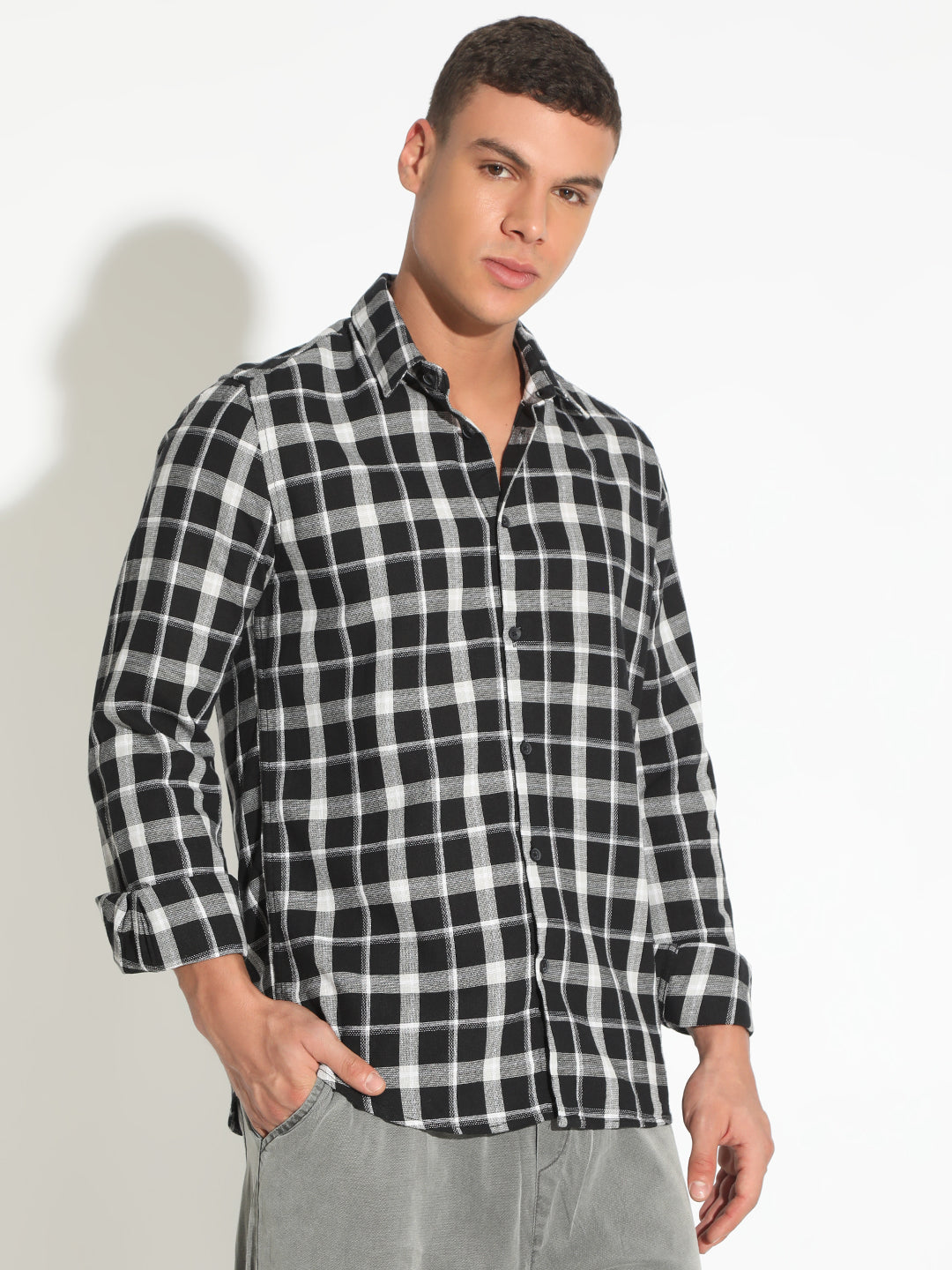 Men's Checked Black Button Down Regular Fit Shirt