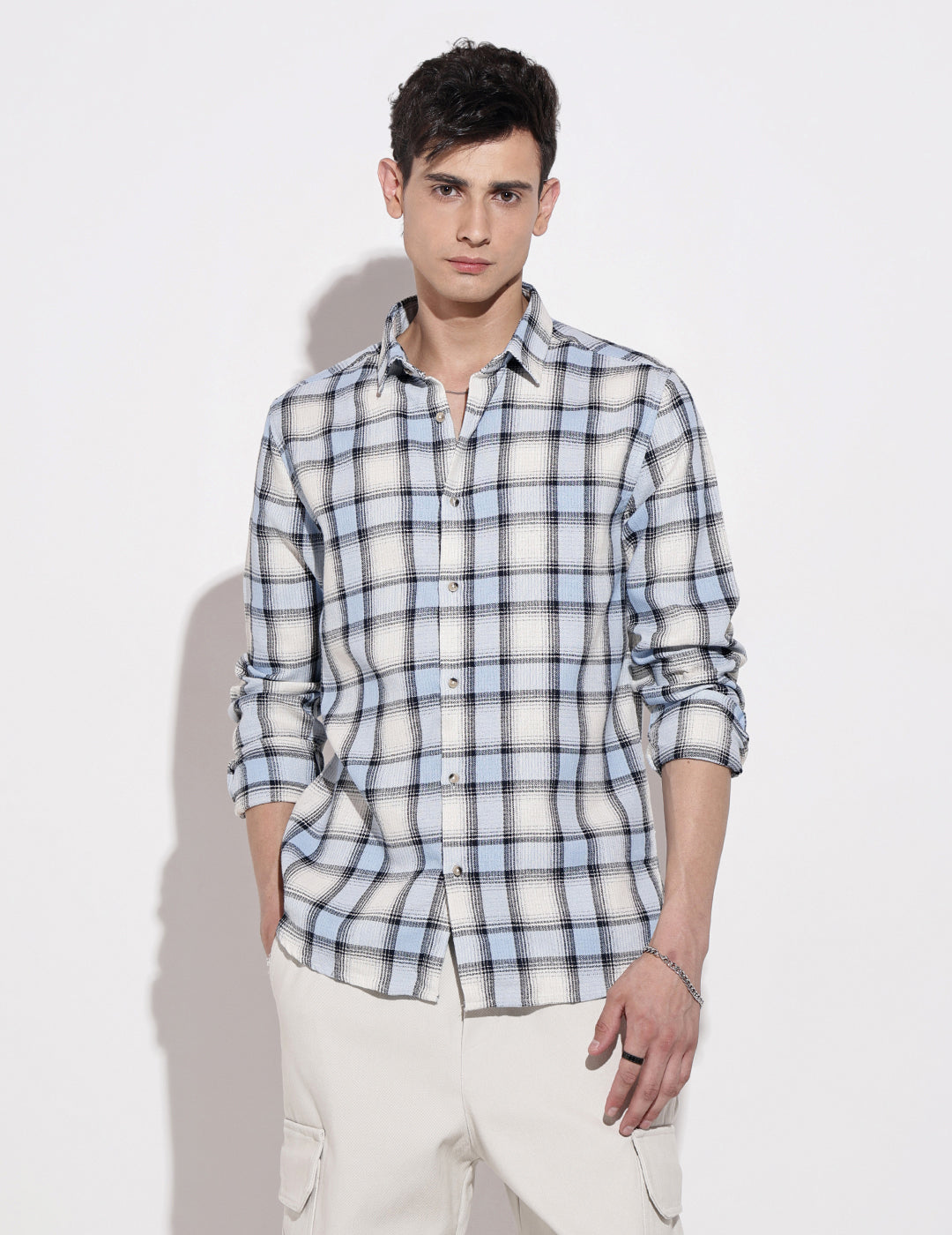 Men's Checked Blue Long Sleeve Regular Fit Shirt