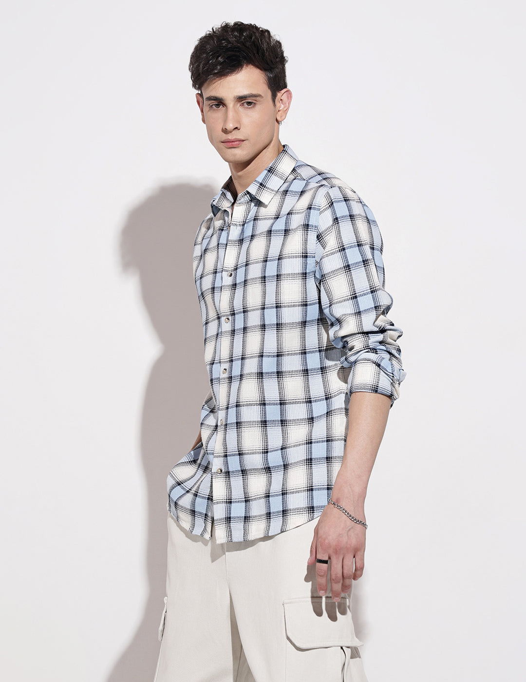 Men's Checked Blue Long Sleeve Regular Fit Shirt