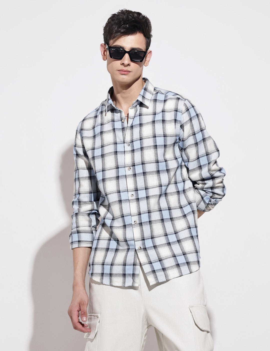 Men's Checked Blue Long Sleeve Regular Fit Shirt