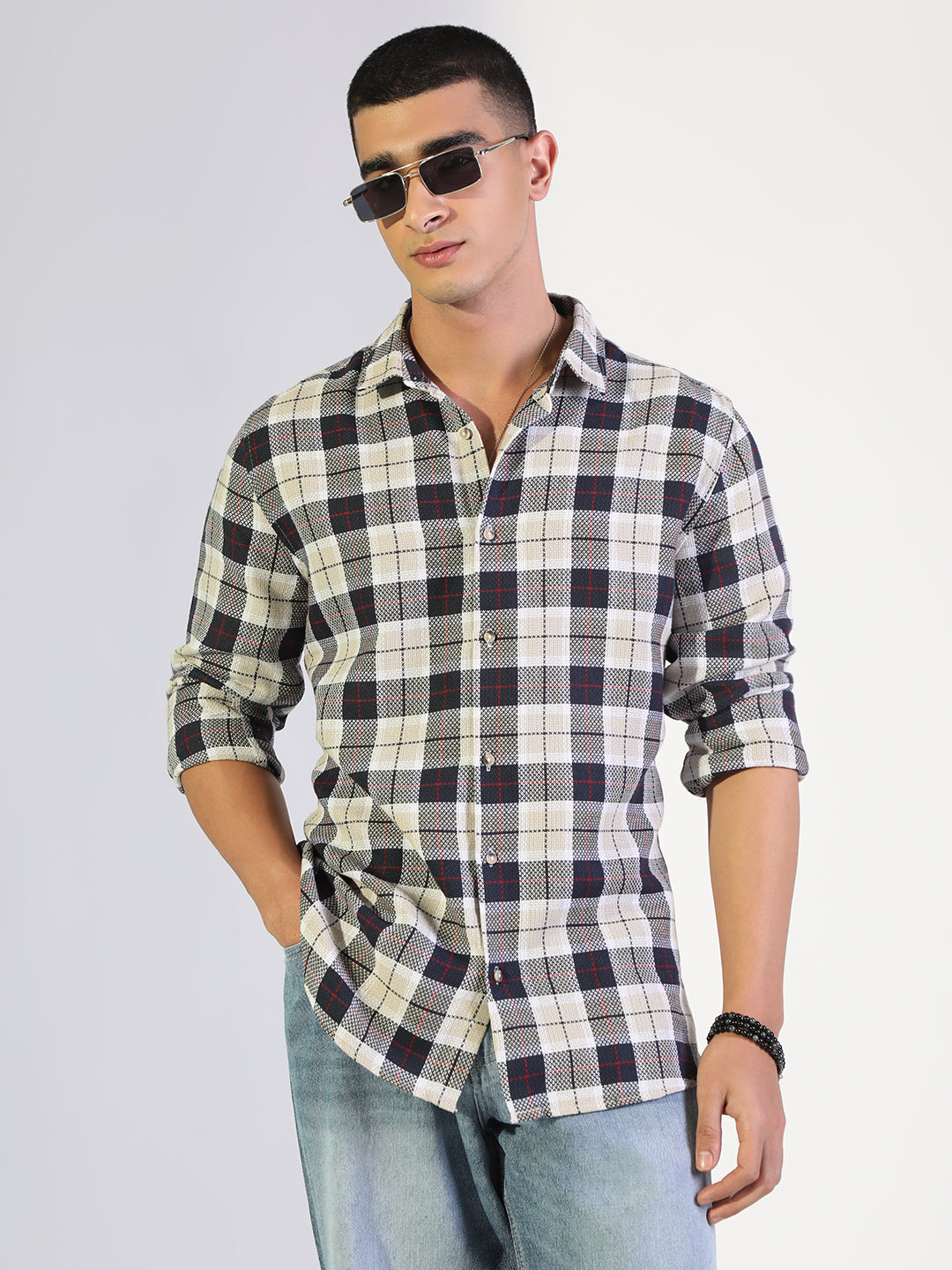 Men's Checked Navy Blue Regular Fit Casual Shirt